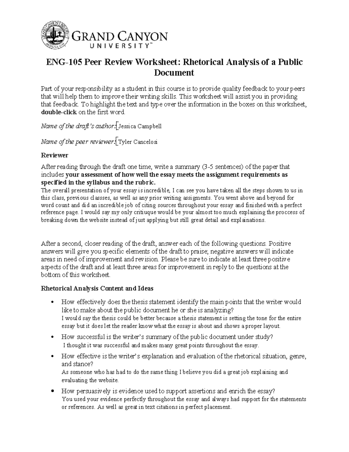 Peer Edit - Assigments - Eng-105 Peer Review Worksheet: Rhetorical 