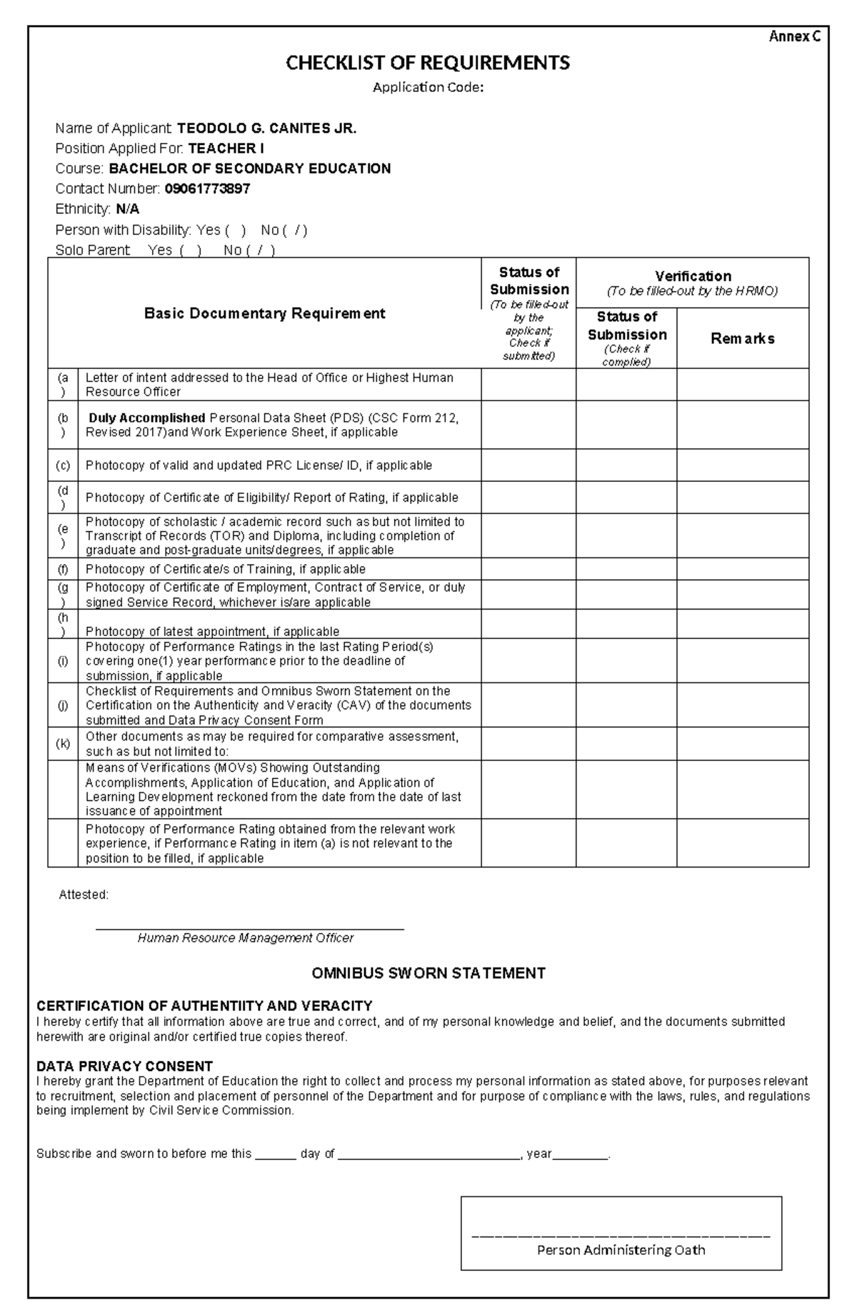 ChecklistforRanking2024 Annex C CHECKLIST OF REQUIREMENTS