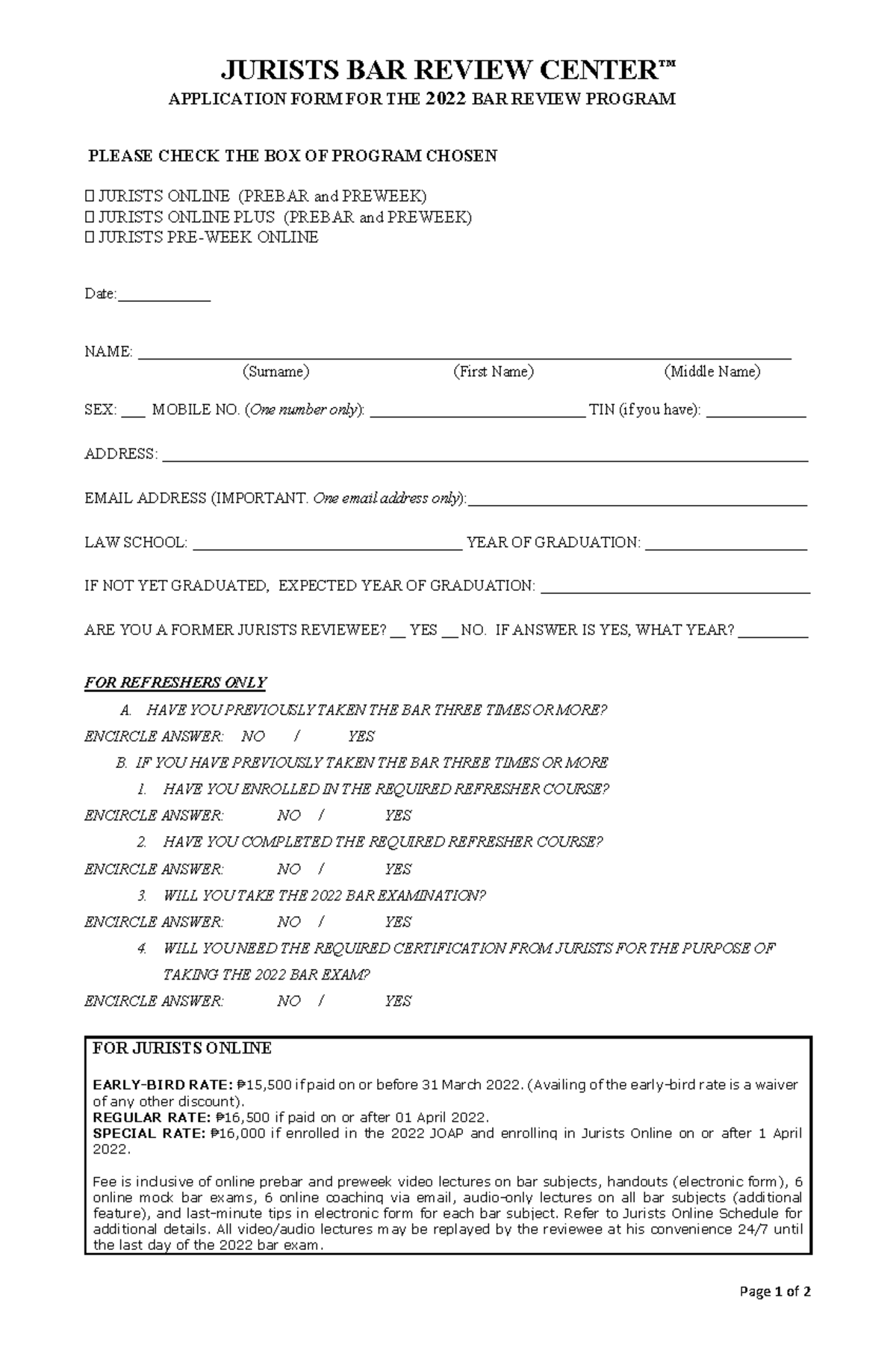 Updated 2022 Jurists Application Form - Page 1 of 2 JURISTS BAR REVIEW ...