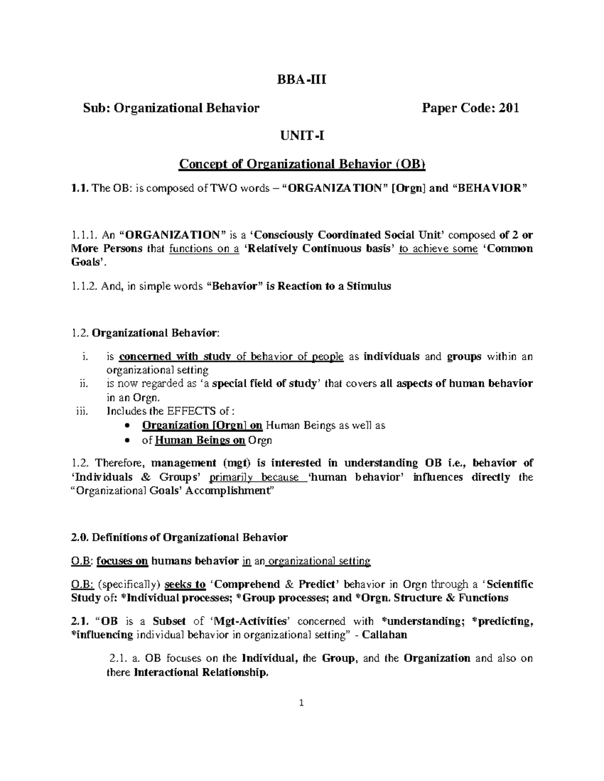 OB Unit1 - BBA NOTES - BBA-III Sub: Organizational Behavior Paper Code ...