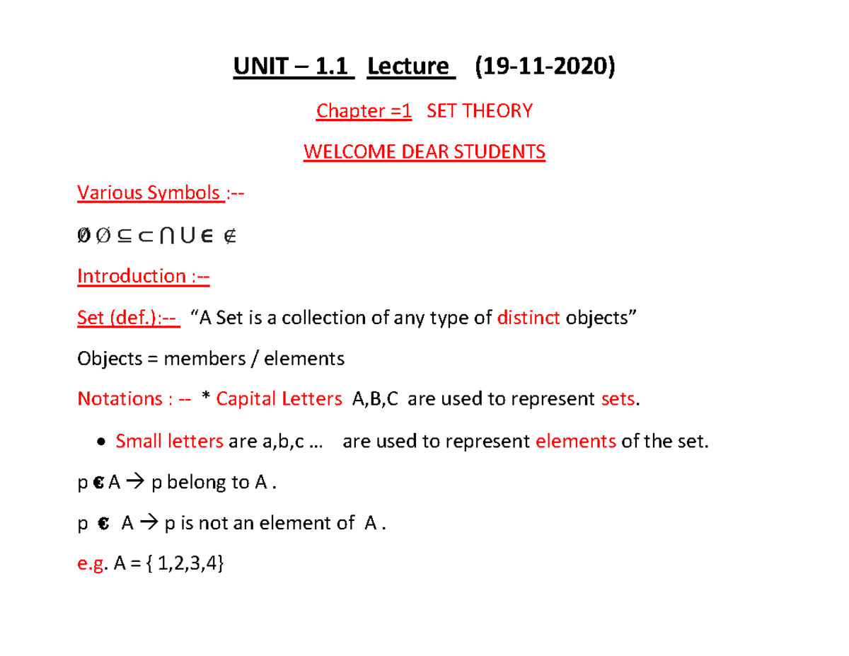 DSO Notes (1.1 Set Theory ) - UNIT – 1 Lecture (19-11-2020) Chapter =1 ...