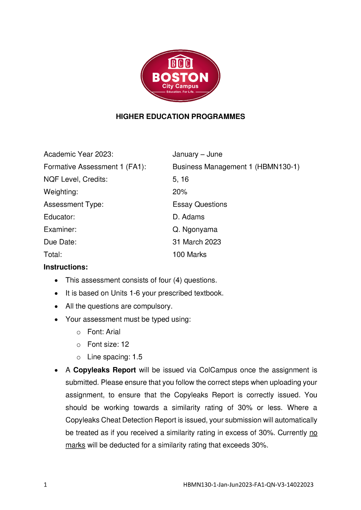 HBMN130 1 Jan Jun2023 FA1 QN V3 14022023 - HIGHER EDUCATION PROGRAMMES ...