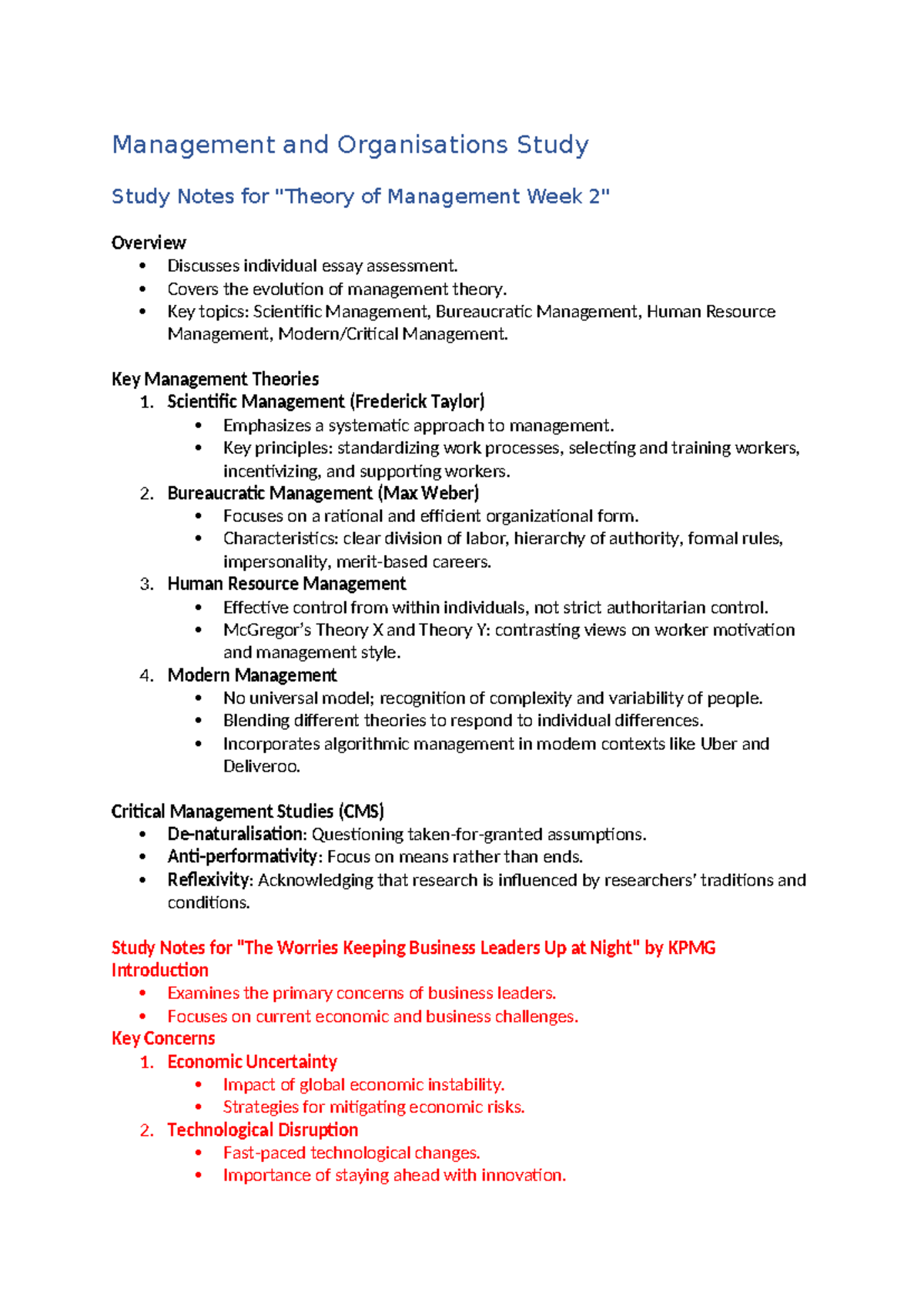 Management and Organisations Study - Covers the evolution of management ...