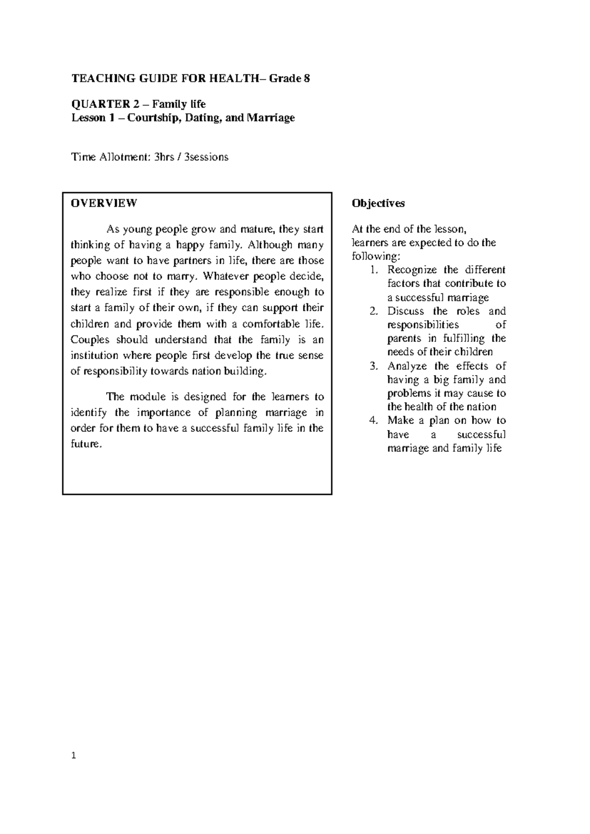 Health tg 5 Learning Materials TEACHING GUIDE FOR HEALTH Grade 8