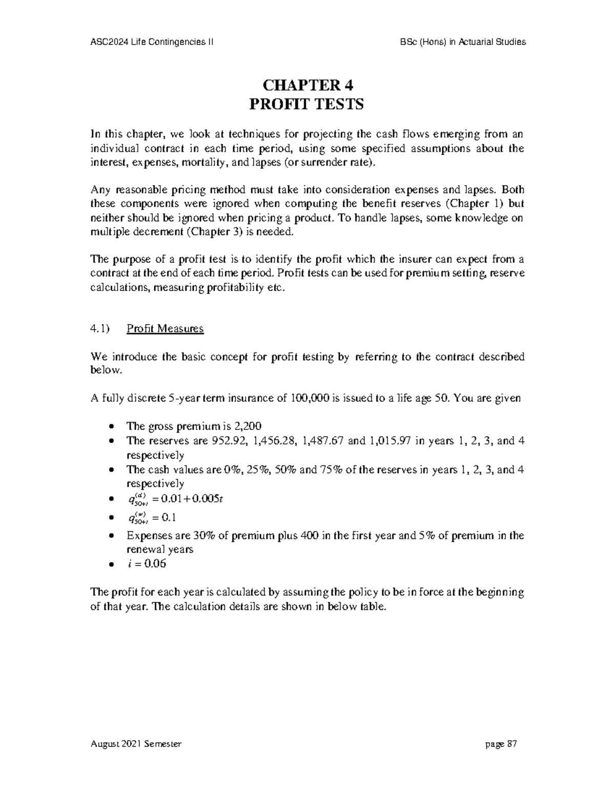 Lecture Note (Chapter 4) ASC2024 Life Contingencies II - Studocu