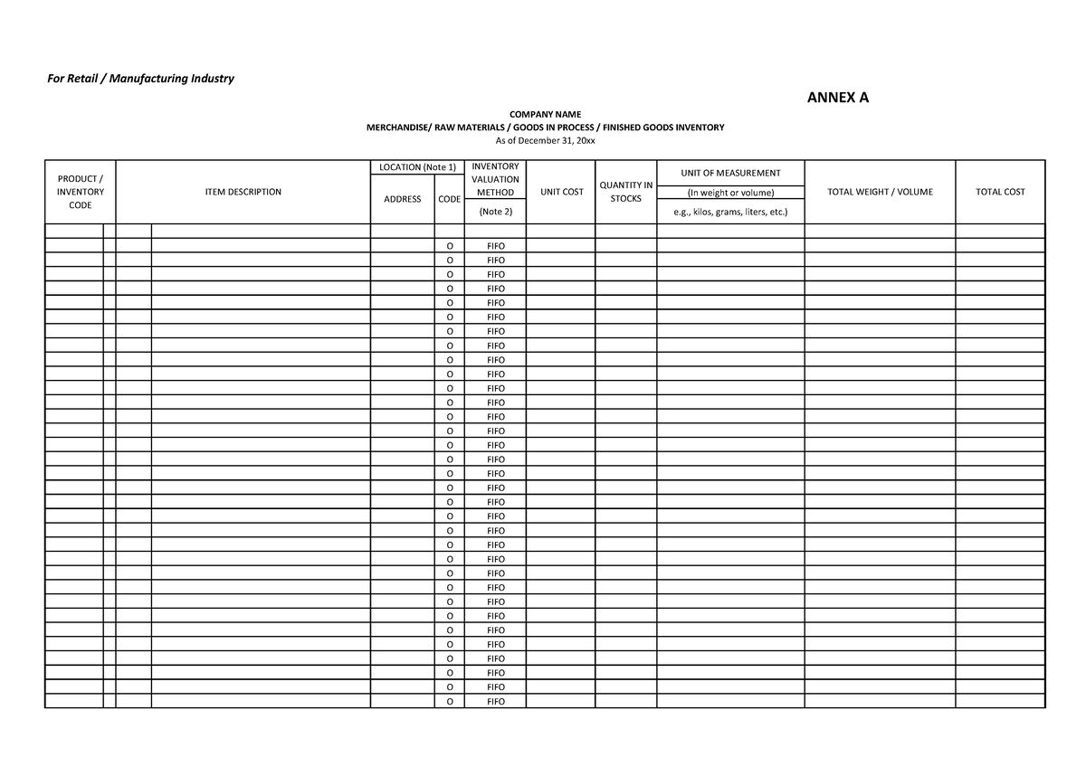 BIR Inventory Listing Annex A - For Retail / Manufacturing Industry ...