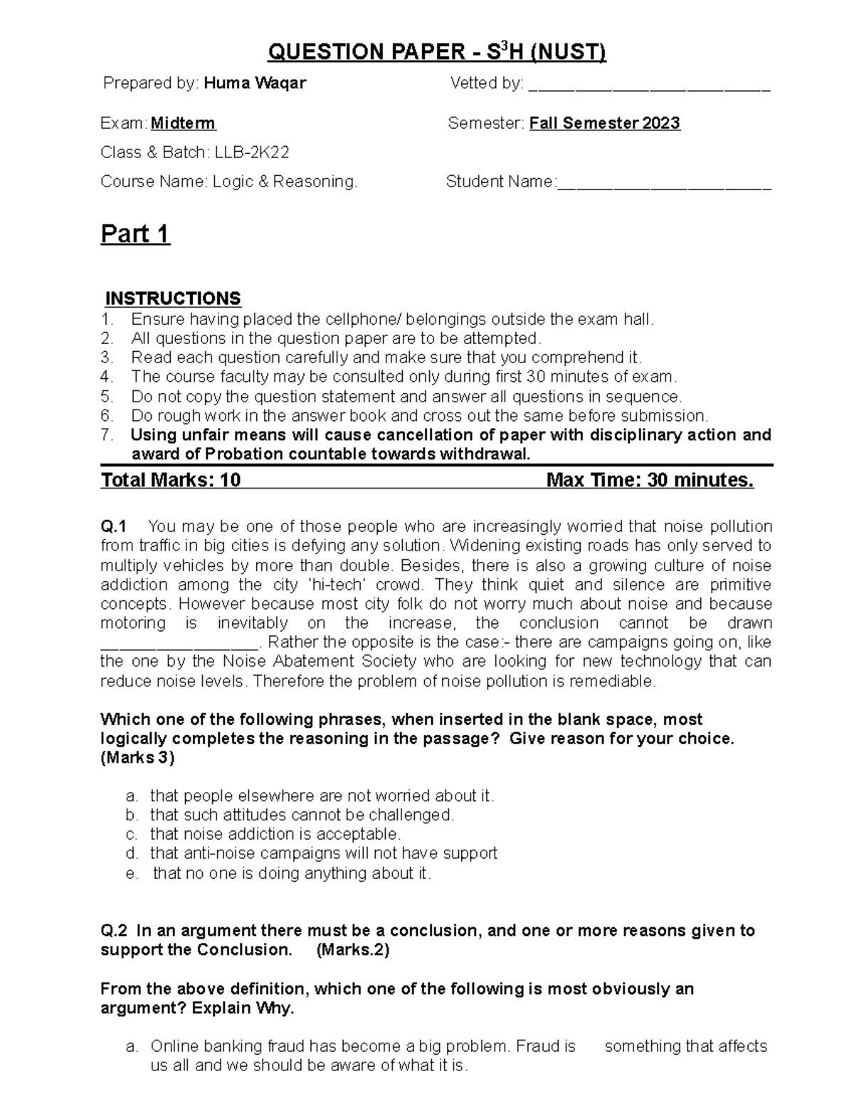 Mid Term Paper Objective Nust - Question Paper - S 3 H (nust) Prepared 