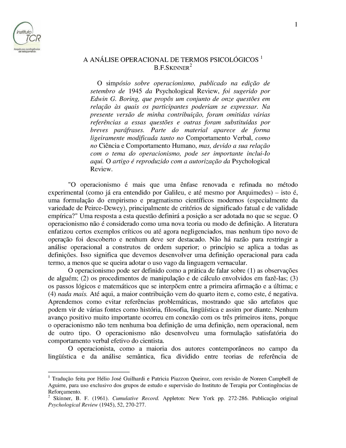 An Lise Operacional Dos Termos Psicol Gicos - A ANÁLISE OPERACIONAL DE ...