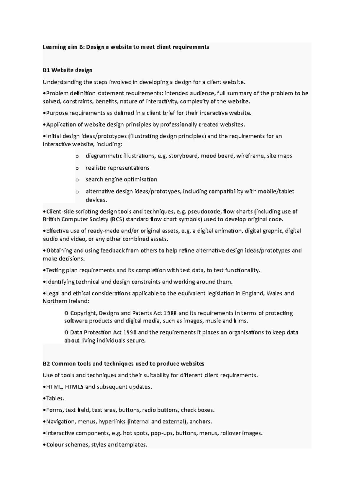 LAB and LAC checklist ddf Learning aim B Design a website to meet