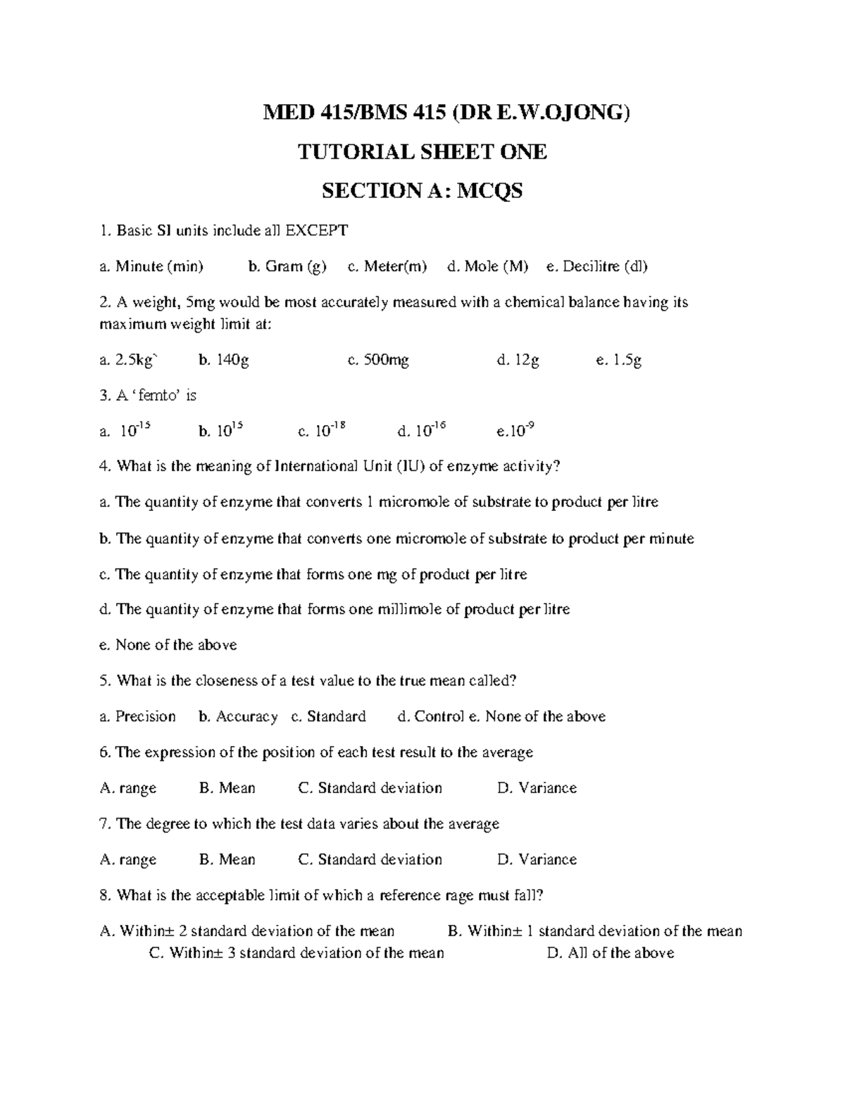 Tutorial Sheet I-7 - MED 415/BMS 415 (DR E.W) TUTORIAL SHEET ONE ...