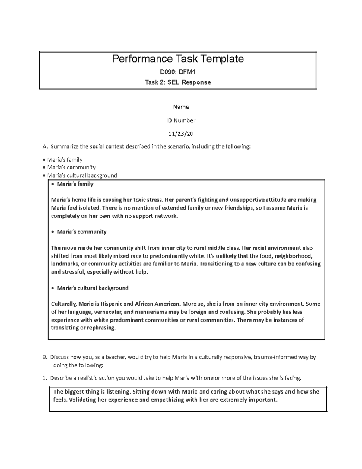 D090 Task 2 - Social Emotional Response To - Performance Task Template ...