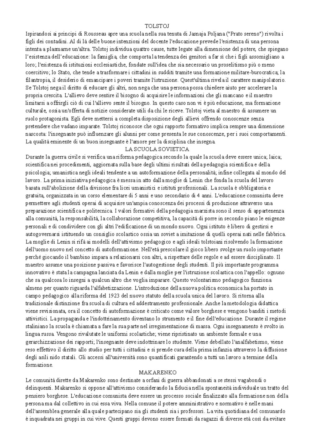 Tolstoj TOLSTOJ Ispirandosi ai principi di Rousseau apre una scuola