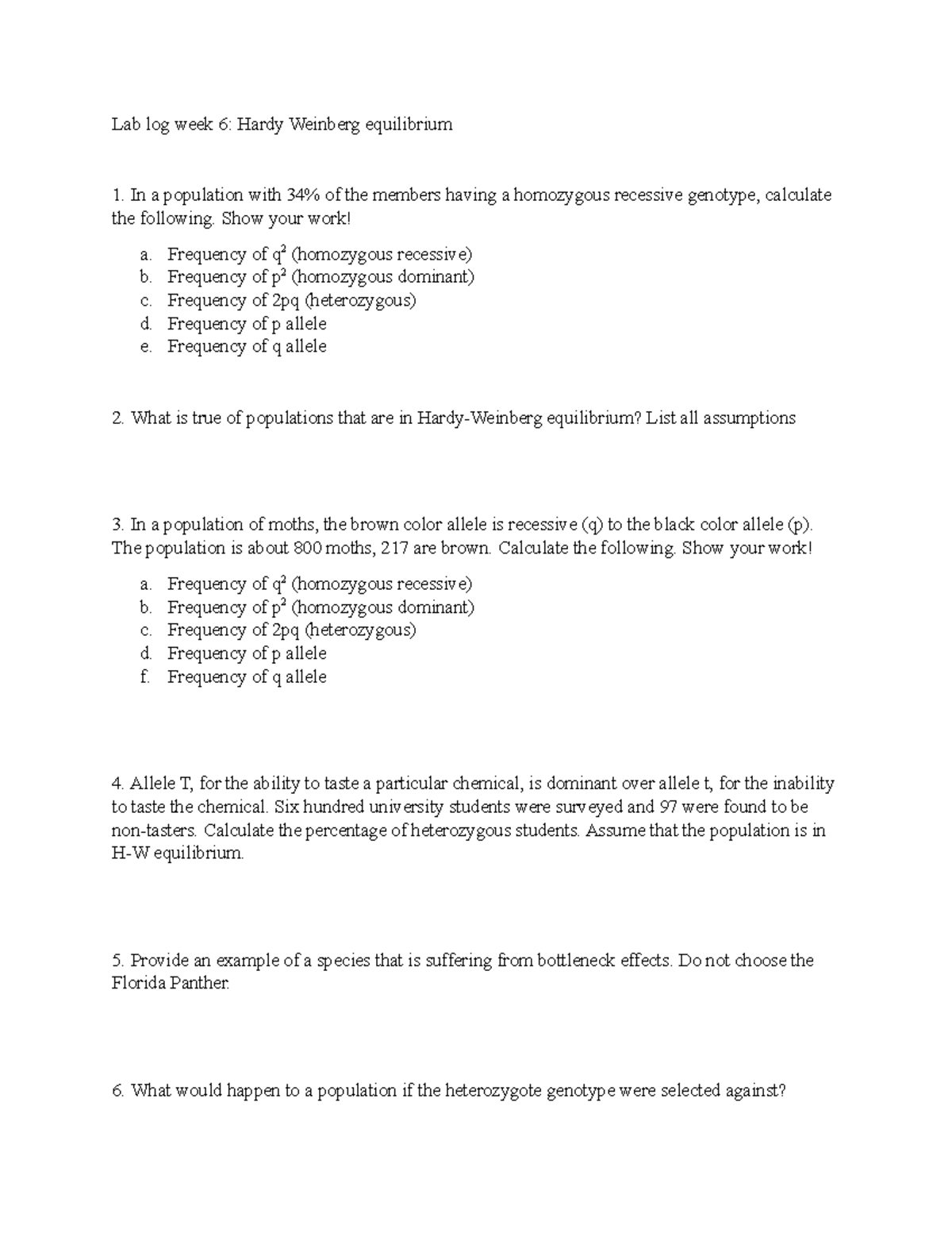 Lab log 6 - lab log for lab class - Lab log week 6: Hardy Weinberg ...