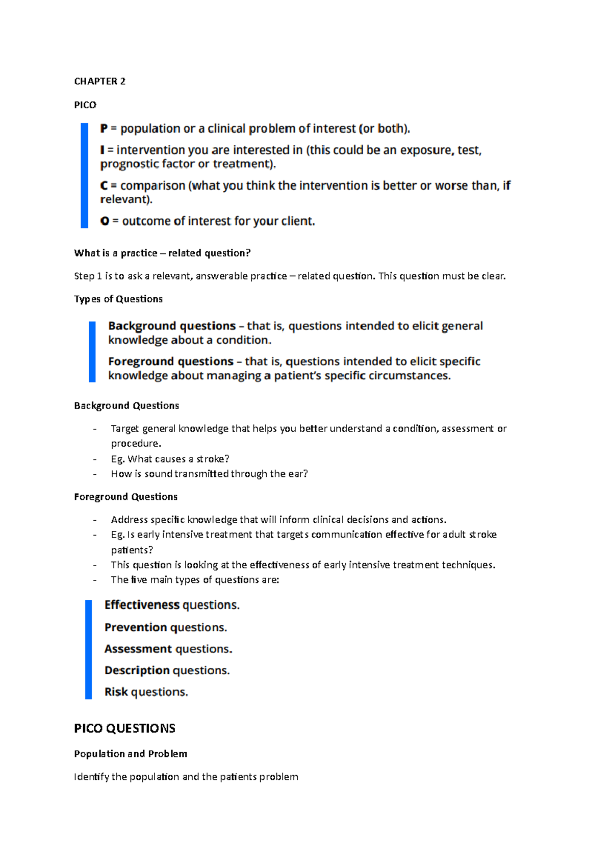 Chapter 2 notes - Research And Evidence - CHAPTER 2 PICO What is a ...