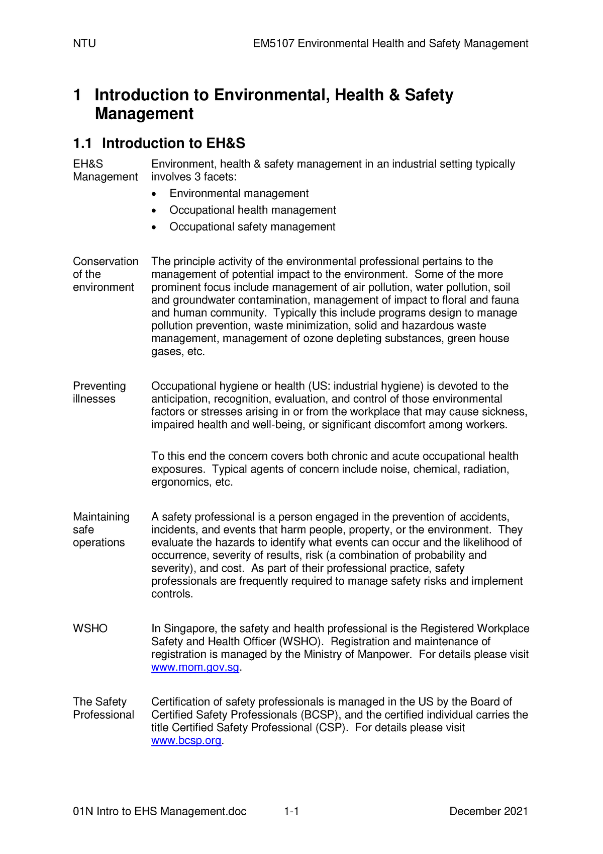 Lesson 1 Note - 1 Introduction To Environmental, Health & Safety ...