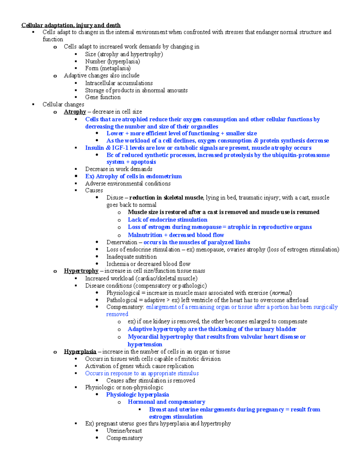 TEST 1 Notes - Cellular adaptation, injury and death Cells adapt to ...