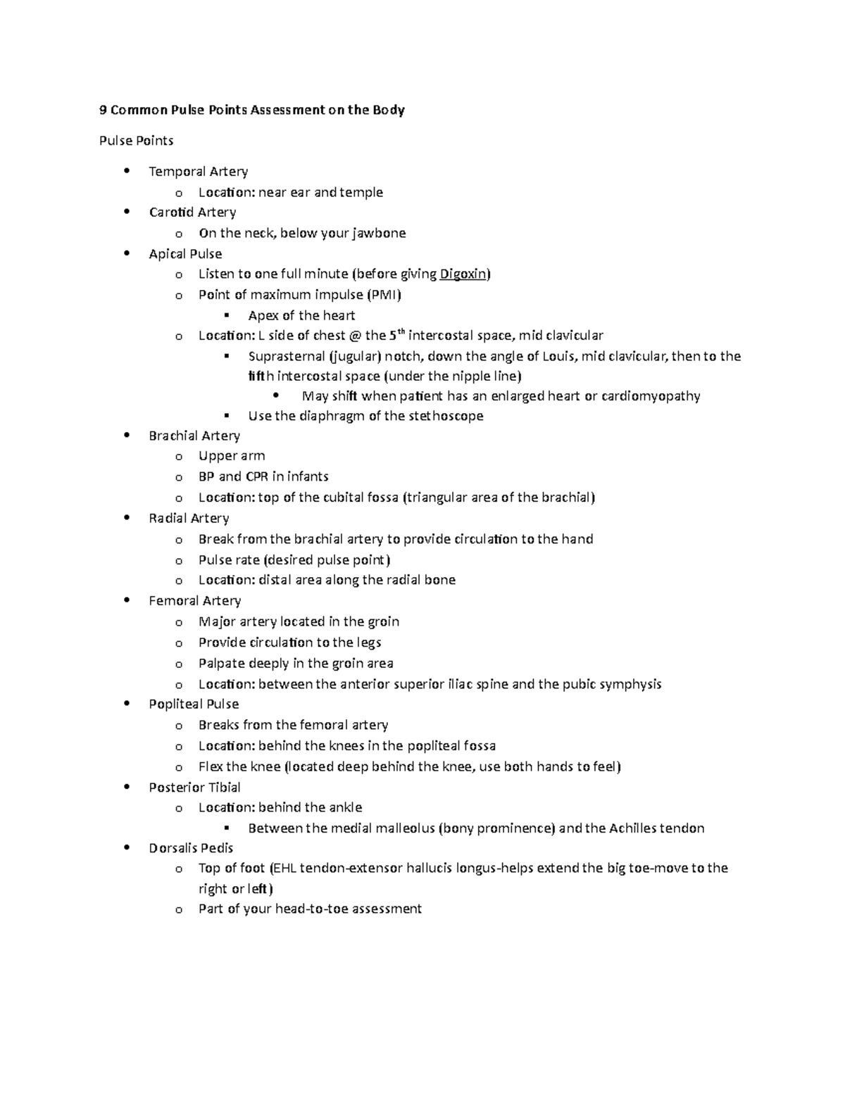 9 Common Pulse Points Assessment Why?? Studocu