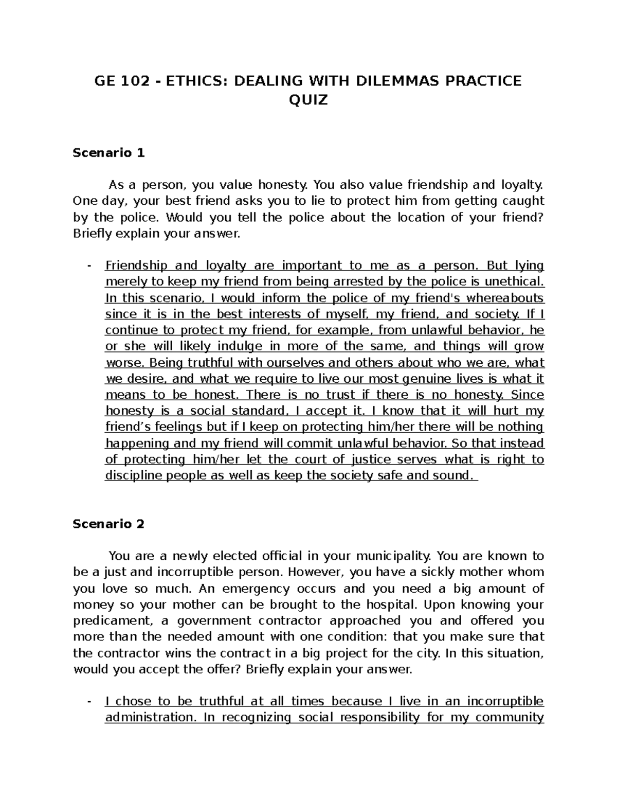 GE 102 - Ethics - Dealing with Dilemmas Practice Quiz - GE 102 - ETHICS ...