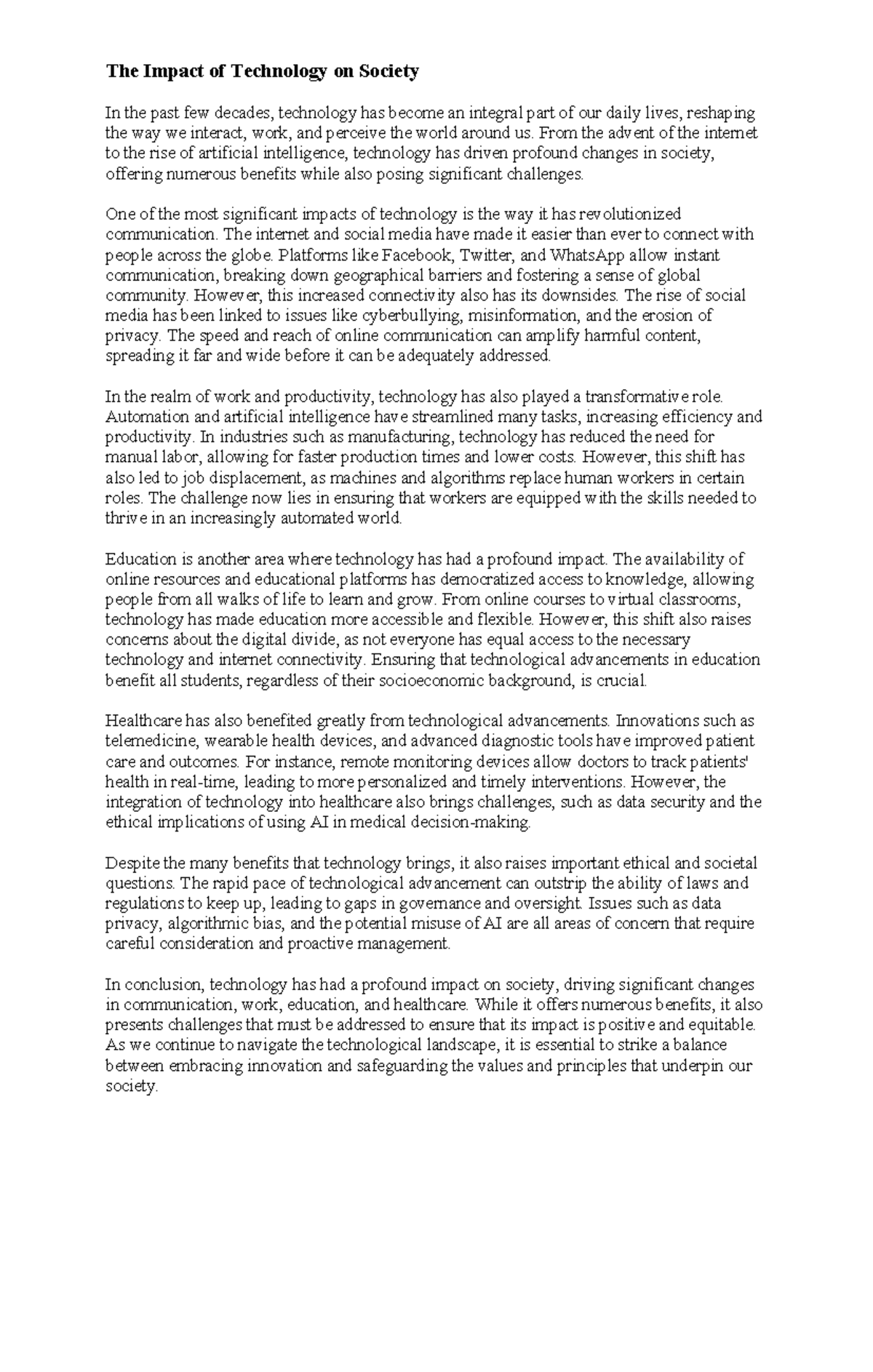 Essay 1 - The Impact of Technology on Society In the past few decades ...