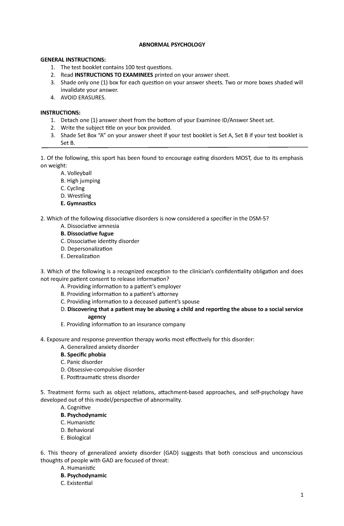 AB Psychology Practice Test (ANS) - ABNORMAL PSYCHOLOGY GENERAL ...