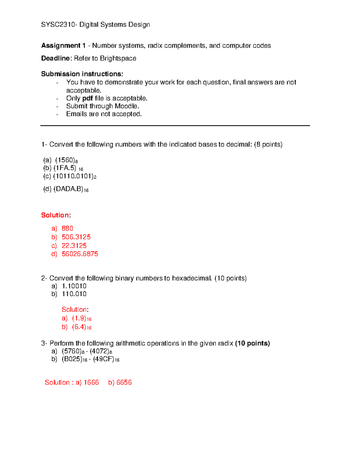Assignment 1 solution - Assignment 1 - Number systems, radix ...