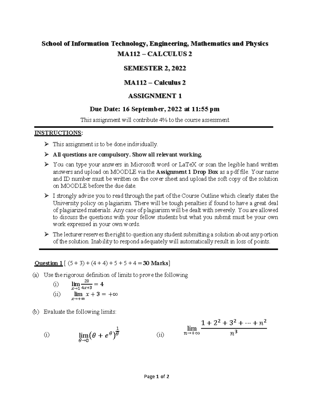 MA112 Assignment 1 S2 2022 - Page 1 Of 2 INSTRUCTIONS: This Assignment ...