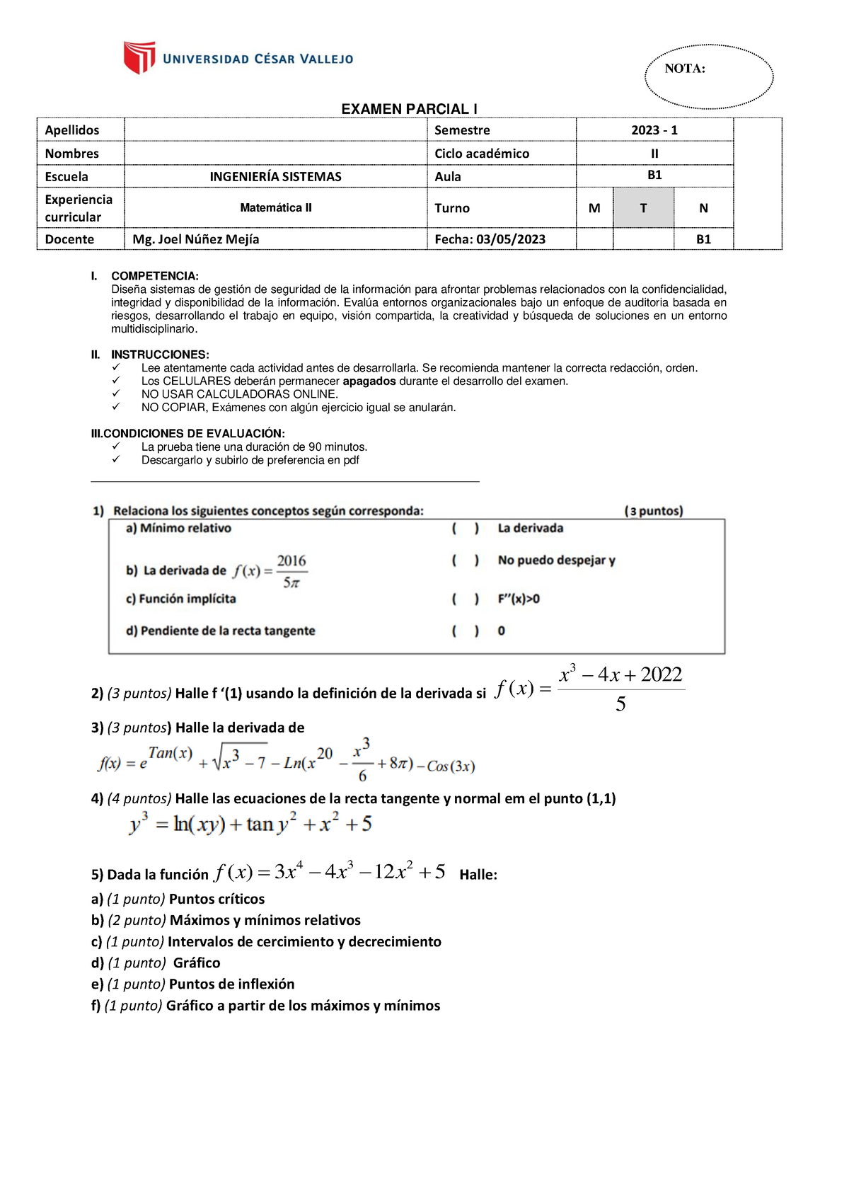 EPI Matematica II-B1 - Aaaaaaaaaaaa - EXAMEN PARCIAL I Apellidos ...