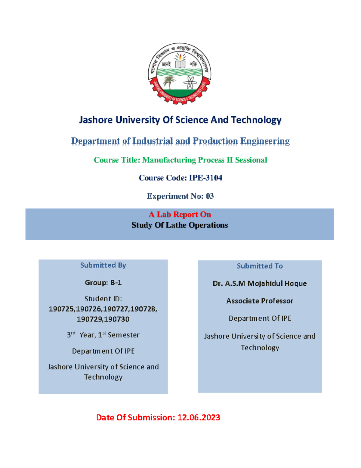 Lathe Operations B1 - Jashore University Of Science And Technology 