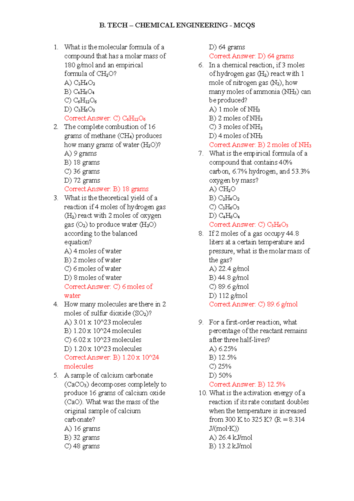 B.Tech Chemical engineering MCqs - What is the molecular formula of a ...