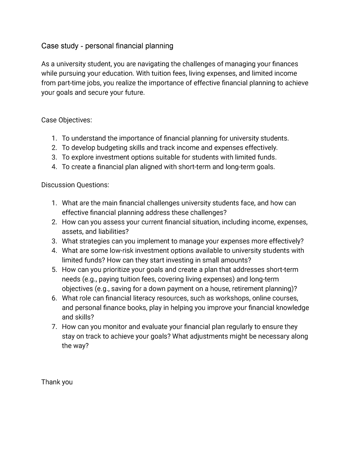 case study personal financial planning assignment