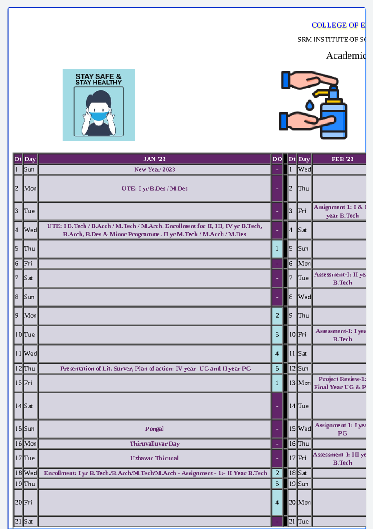 Academic Planner 2022 23 EVEN COLLEGE OF ENG SRM INSTITUTE OF SCIE