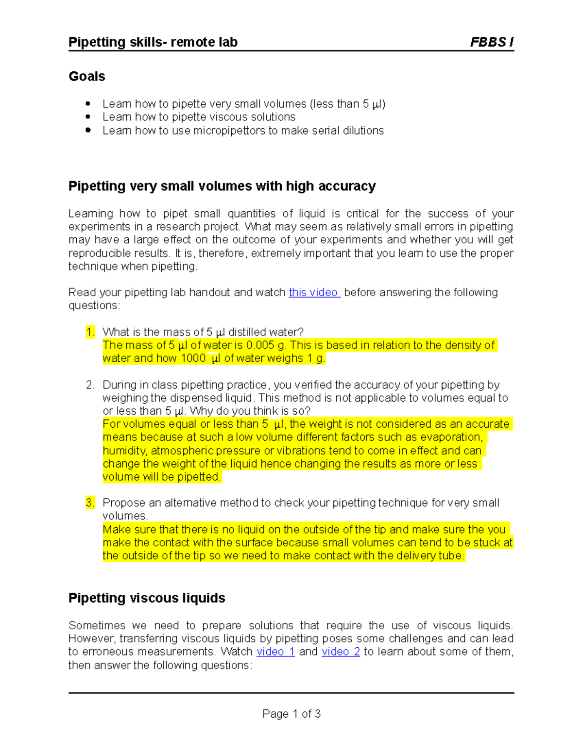 Pipetting lab assignment Pipetting skills remote lab FBBS I Goals Learn how to pipette very