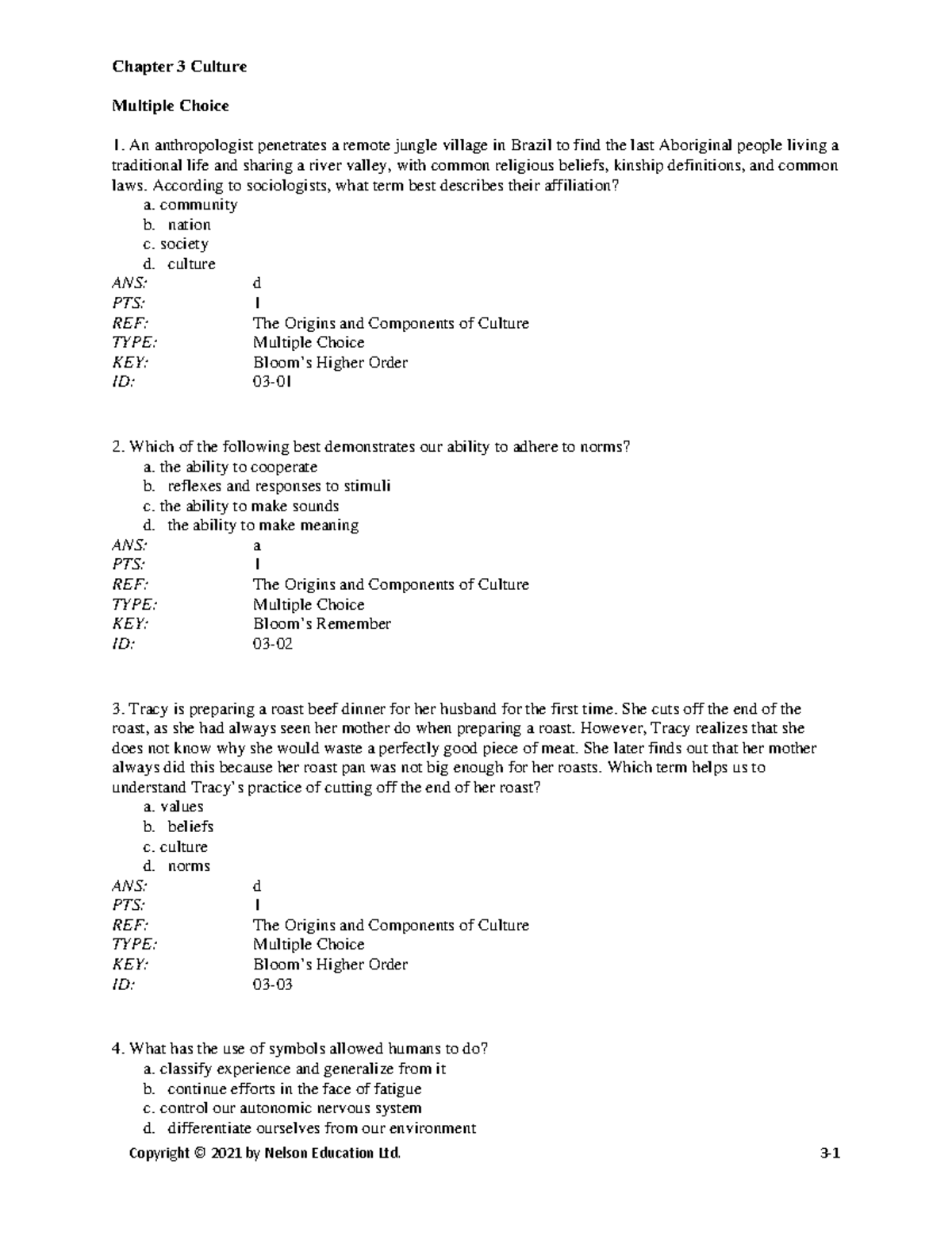 C03 TB Brym New Society 9e - Chapter 3 Culture Multiple Choice An ...