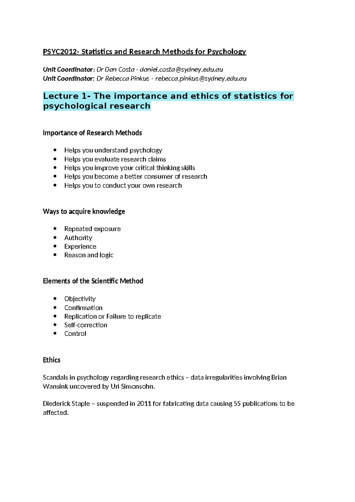 Statistics Notes - PSYC2012- Statistics and Research Methods for ...