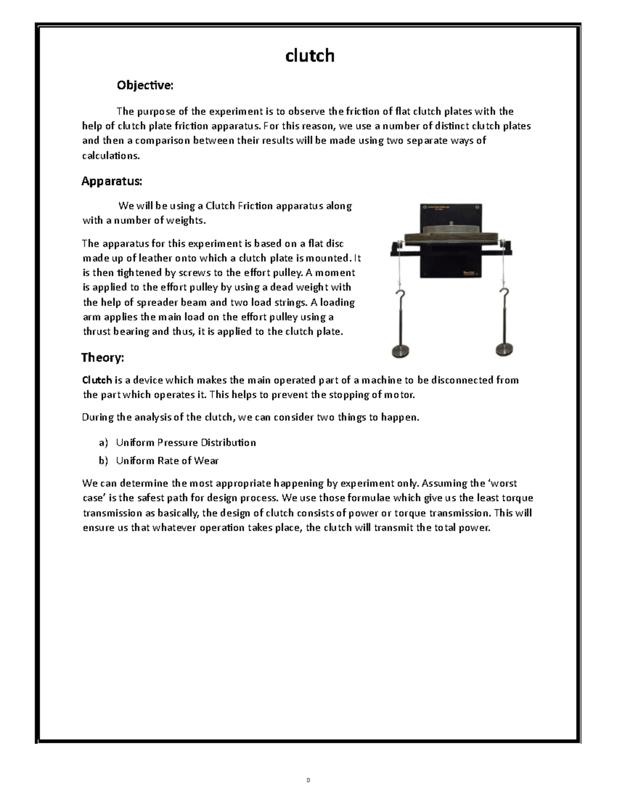 Clutch Objective The purpose of the experiment is to observe the