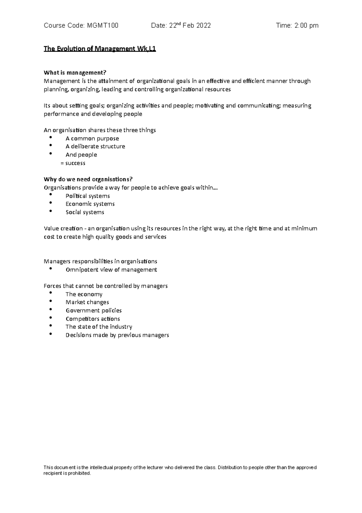 Full Management Notes - Course Code: MGMT100 Date: 22nd Feb 2022 Time ...