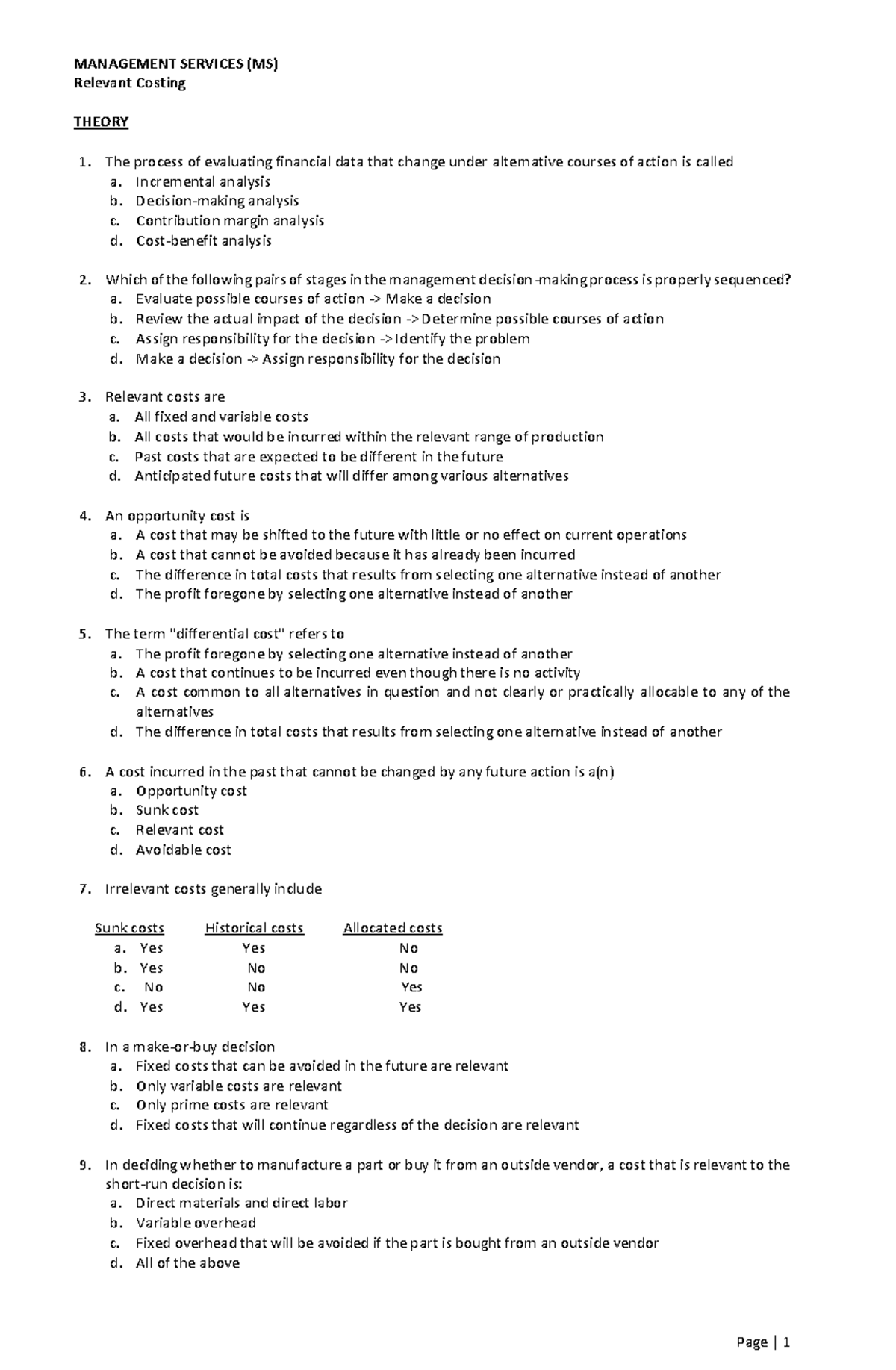 Ms Relevant Costing - Management Services (ms) Relevant Costing Theory 