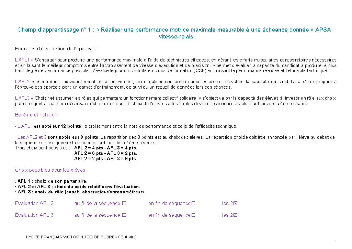 Fiche BAC Relais- Vitesse - Champ D’apprentissage N° 1 : « Réaliser Une ...