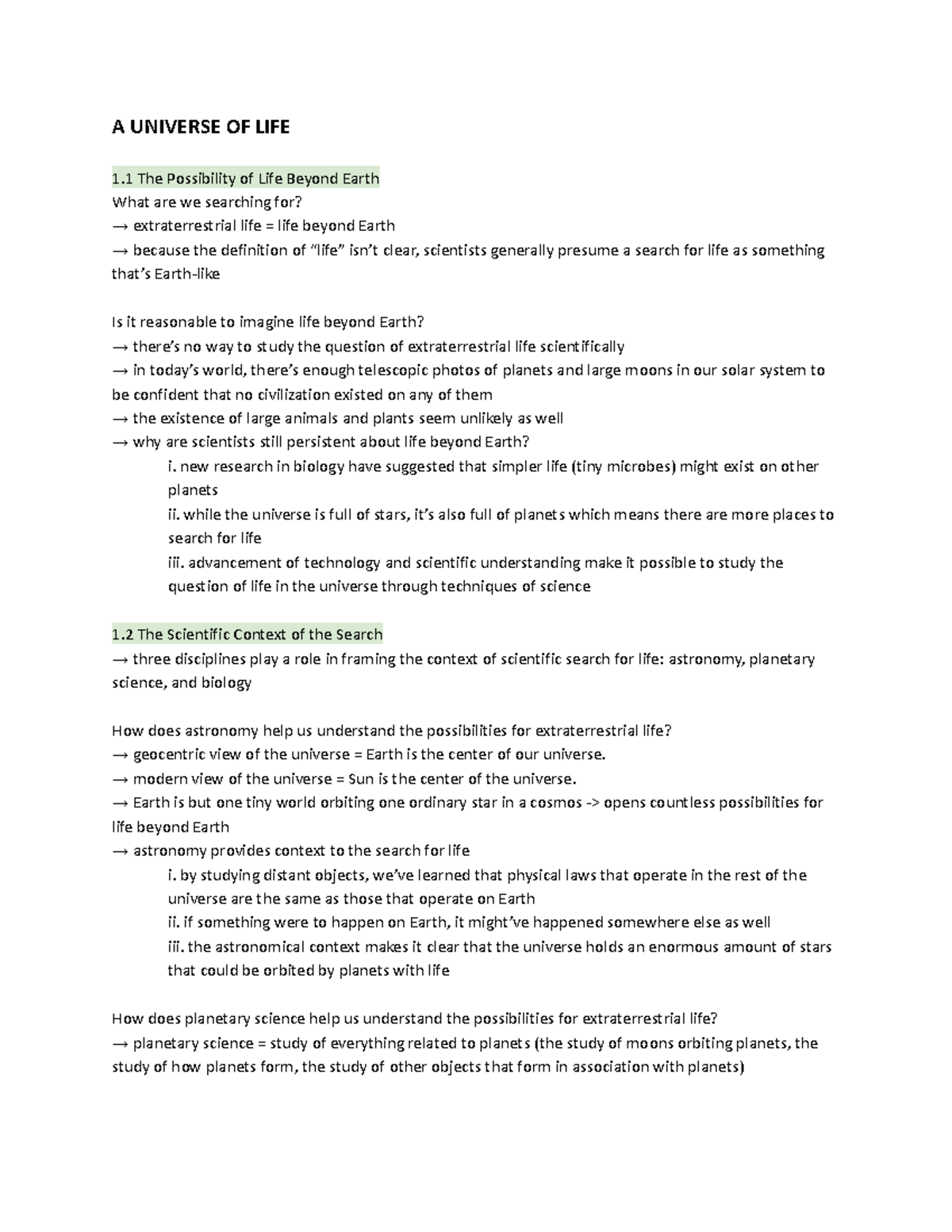Chapter Notes - ASTRO 115 (from lectures 1 - 4) - A UNIVERSE OF LIFE 1 ...