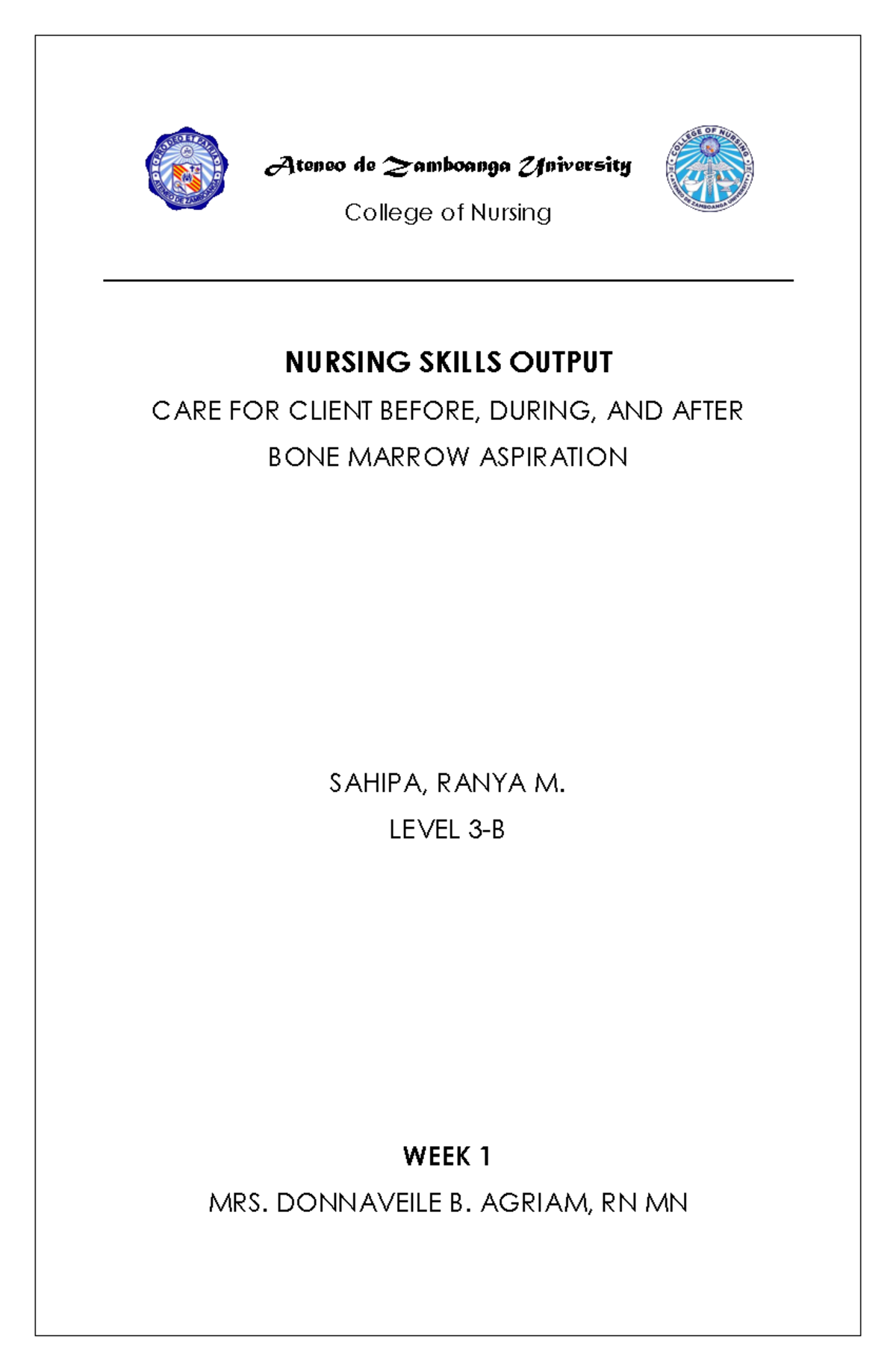NSO- Cover-PAGE- Sample - College of Nursing NURSING SKILLS OUTPUT CARE ...