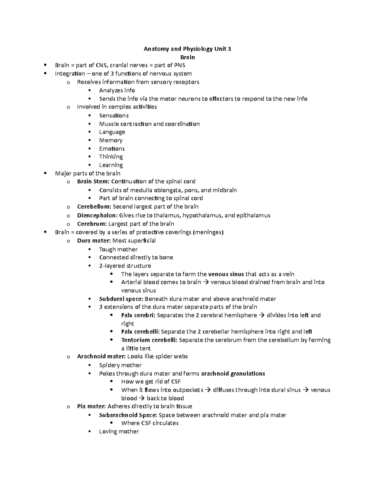 BIOL 430: Advanced Human Anatomy and Physiology I; Unit 3 - Brain and ...