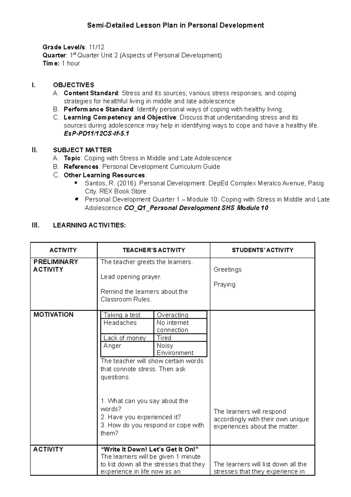 Semi Detailed Lesson Plan on PD - Semi-Detailed Lesson Plan in Personal ...