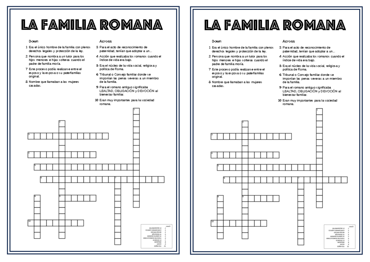 Crucigrama Lectura Roma Across Down EL_DIVORCIO EL_PATERFAMILIAS