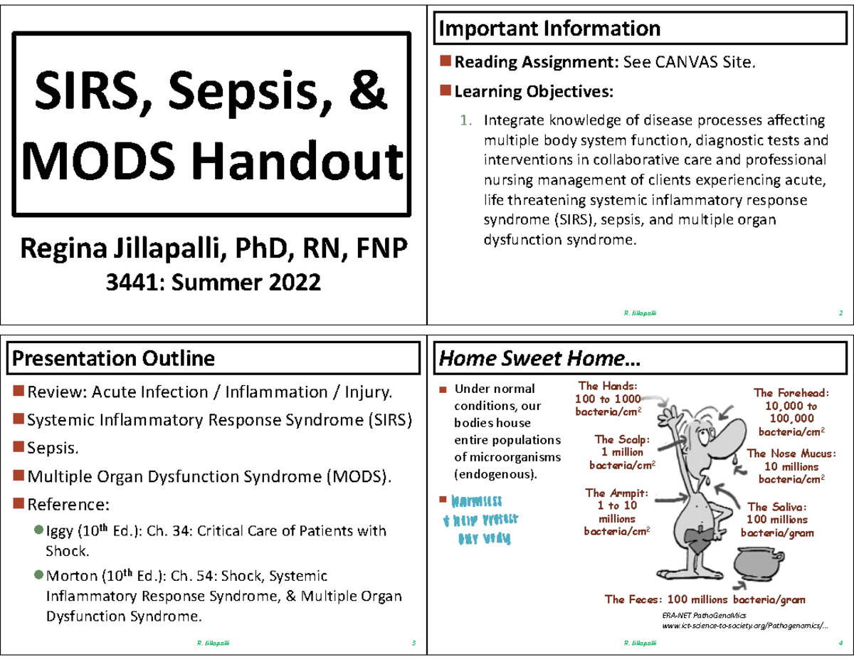 SIRS pdf to know more about sirs SIRS, Sepsis, & MODS Handout Regina Jillapalli