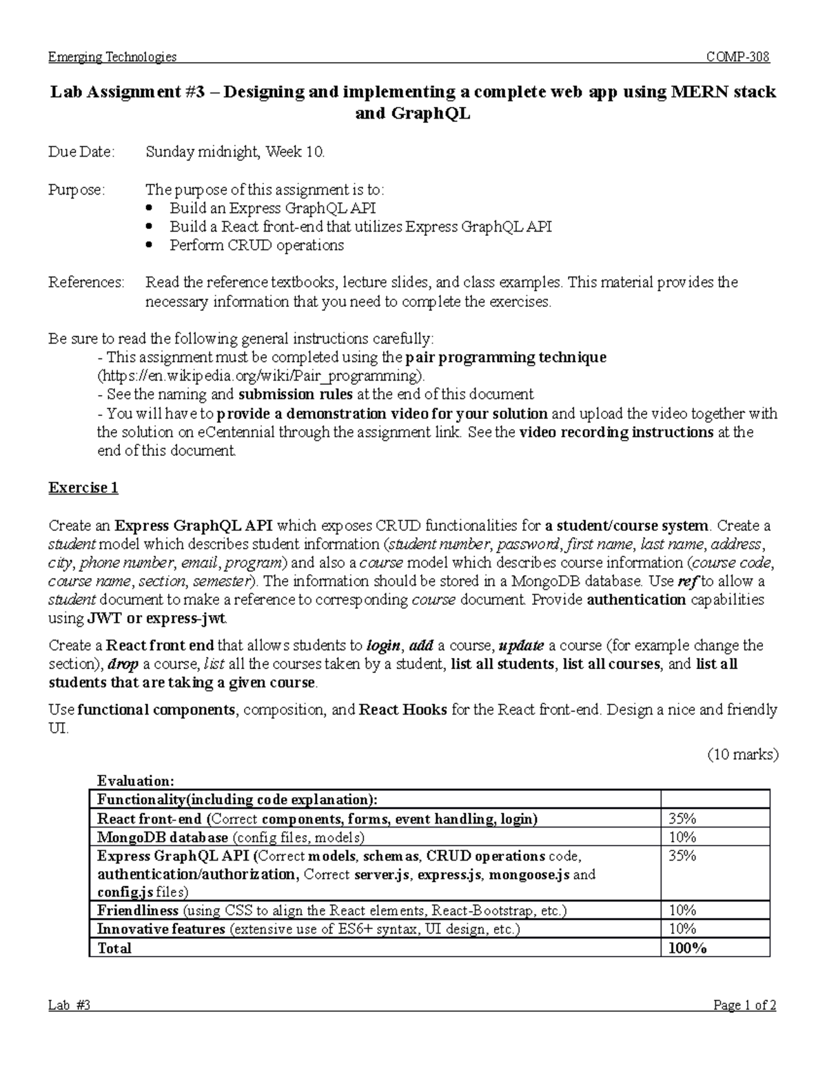 COMP308W22Lab3 - Course Work Lab 3 requirements - COMP 308 - Centennial ...