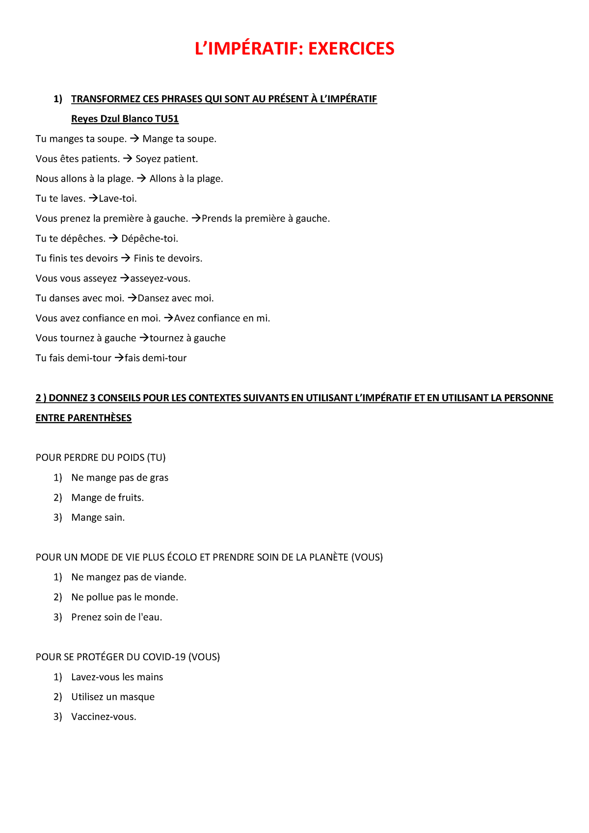 IMPÉ Ratif Exercices Ejrcicios De Practica - L’IMPÉRATIF: EXERCICES 1 ...