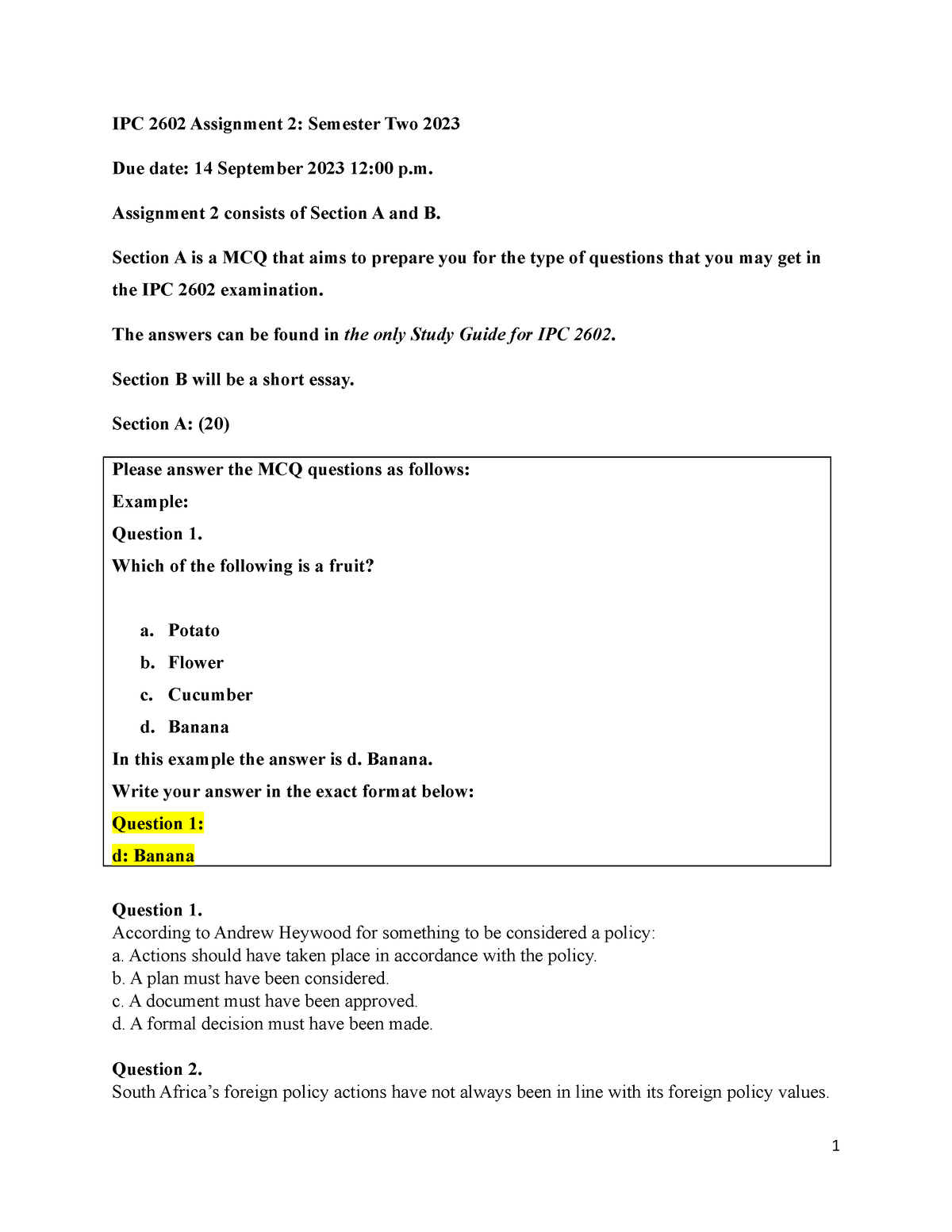 IPC2602 assignment 2 - IPC 2602 Assignment 2: Semester Two 2023 Due ...