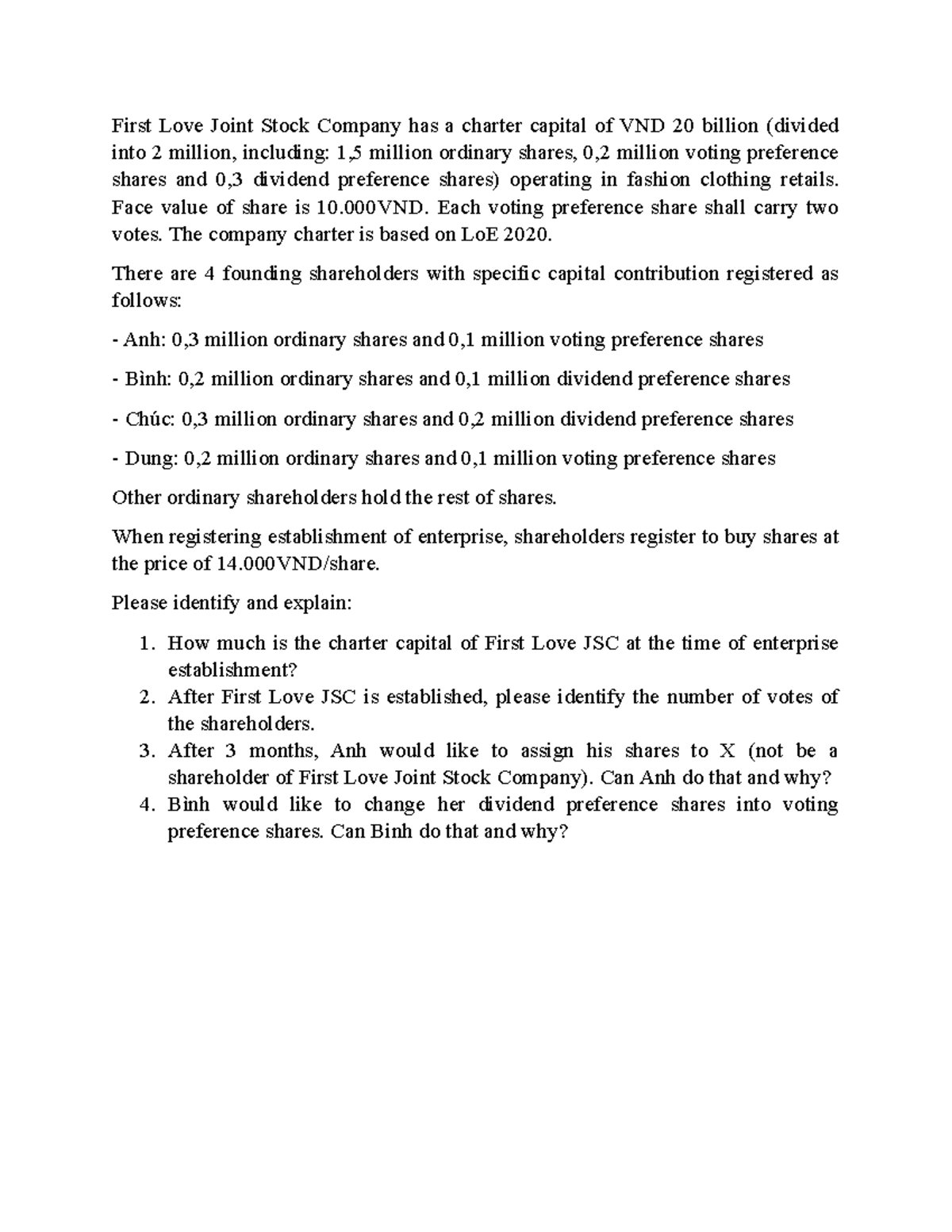 Exercise 4 JSC Business Law First Love Joint Stock Company has a