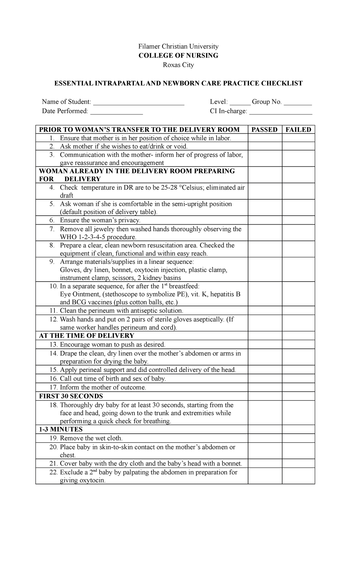 Checklist-EINC - Checklist - Filamer Christian University COLLEGE OF ...