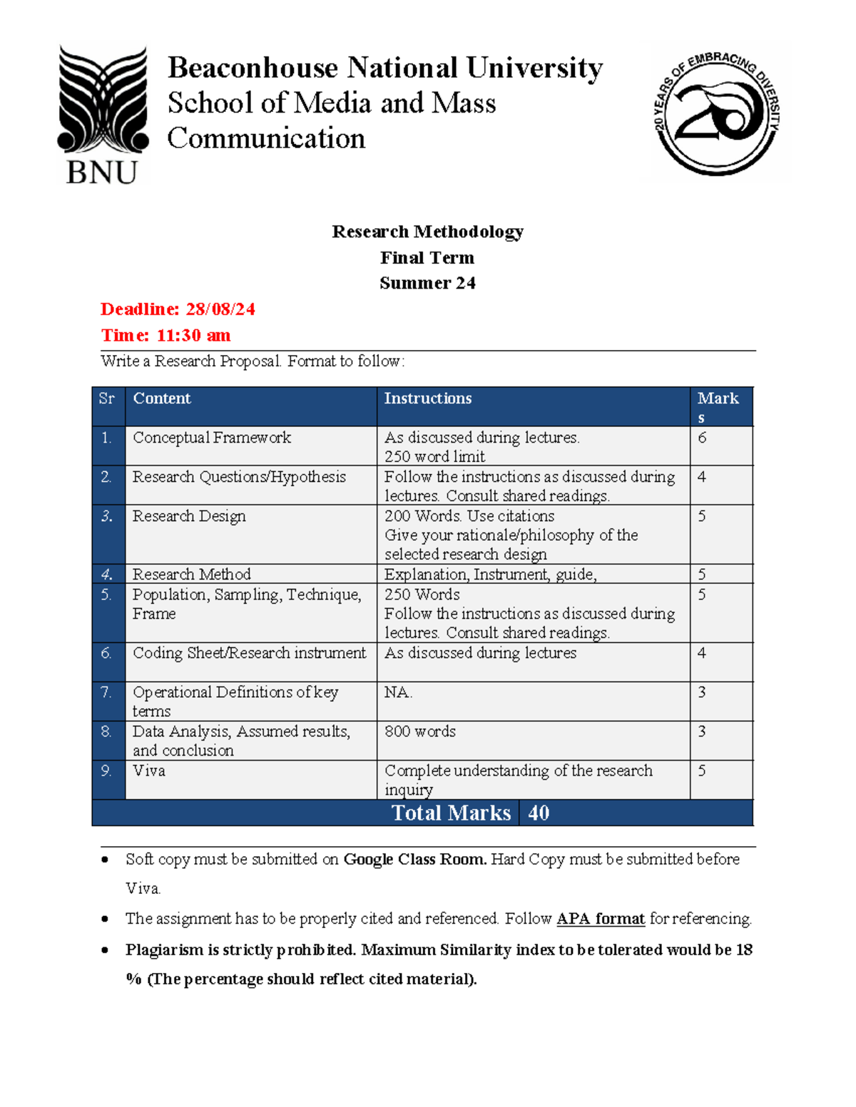 Research Final - Research Methodology Final Term Summer 24 Deadline: 28 ...